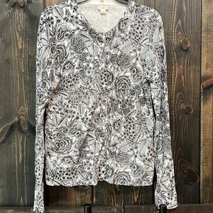 J. Crew Caryn Floral Cardigan Sweater L Black White Stretch Neutral Office Prep